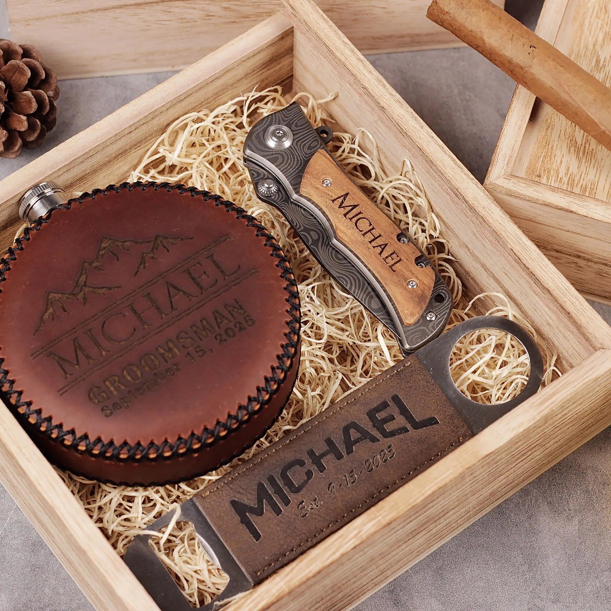 Personalized Groomsmen Gift Box Set: Leather Wrap Flask + Classic pocket knife + Leather Bottle Opener - proposal box set custom engraved