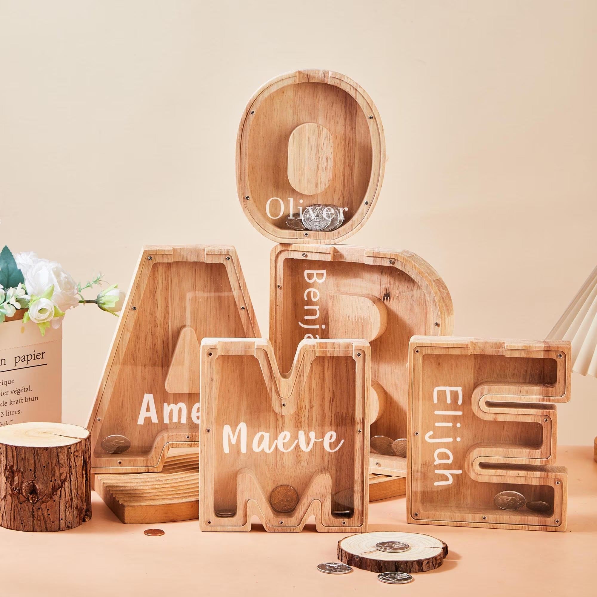 Personalized Large Wooden Kids Letter Piggy Bank, Wood Gift For Kids, Custom Name Coin Bank, Wood Alphabet Letter Bank Money Box Birthday