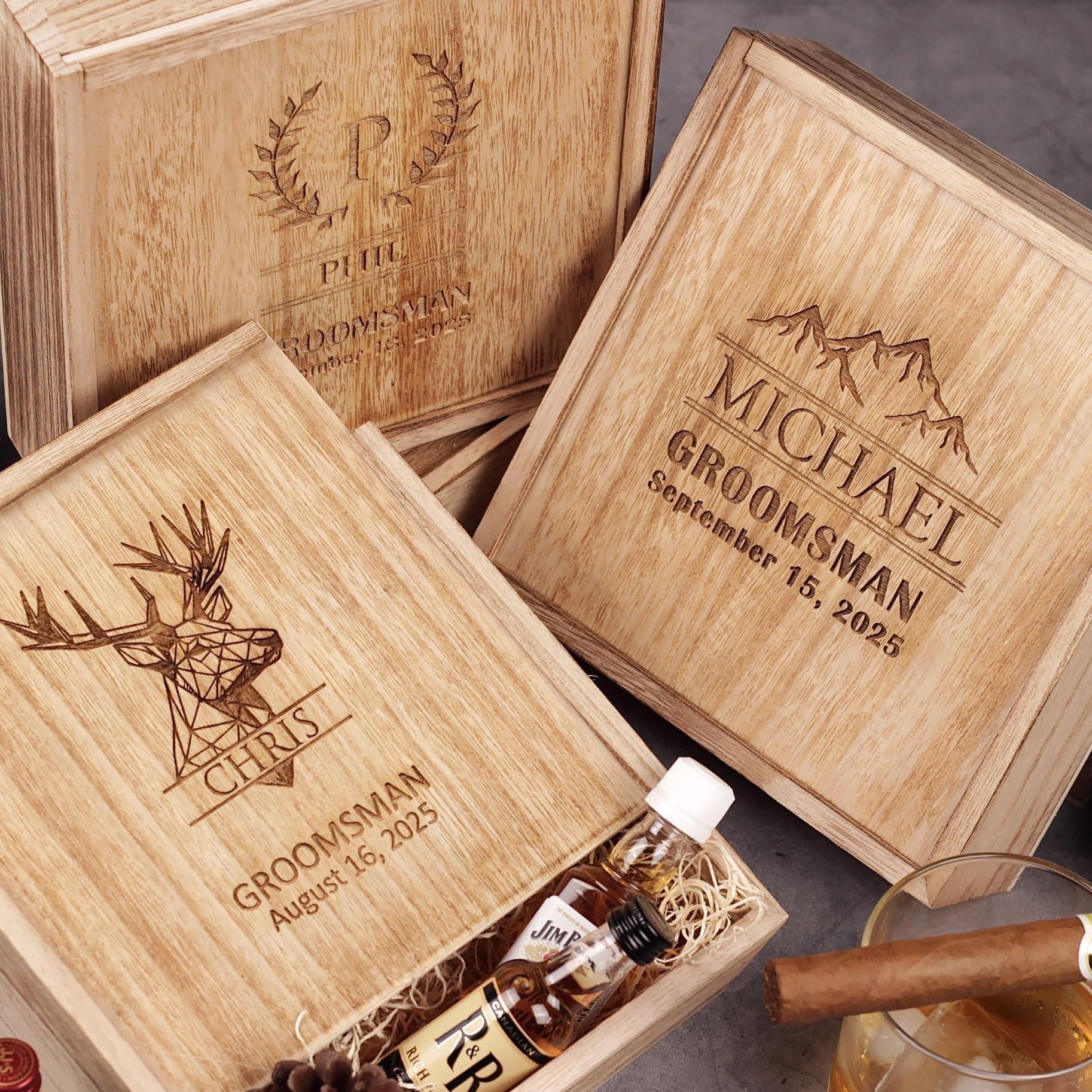 Personalized Groomsmen Gift Box Set: Leather Wrap Flask + Classic pocket knife + Leather Bottle Opener - proposal box set custom engraved