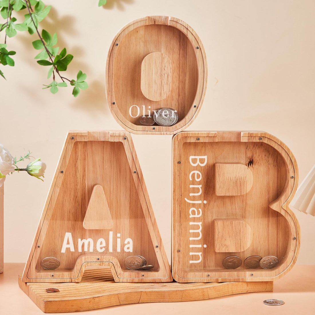 Personalized Large Wooden Kids Letter Piggy Bank, Wood Gift For Kids, Custom Name Coin Bank, Wood Alphabet Letter Bank Money Box Birthday