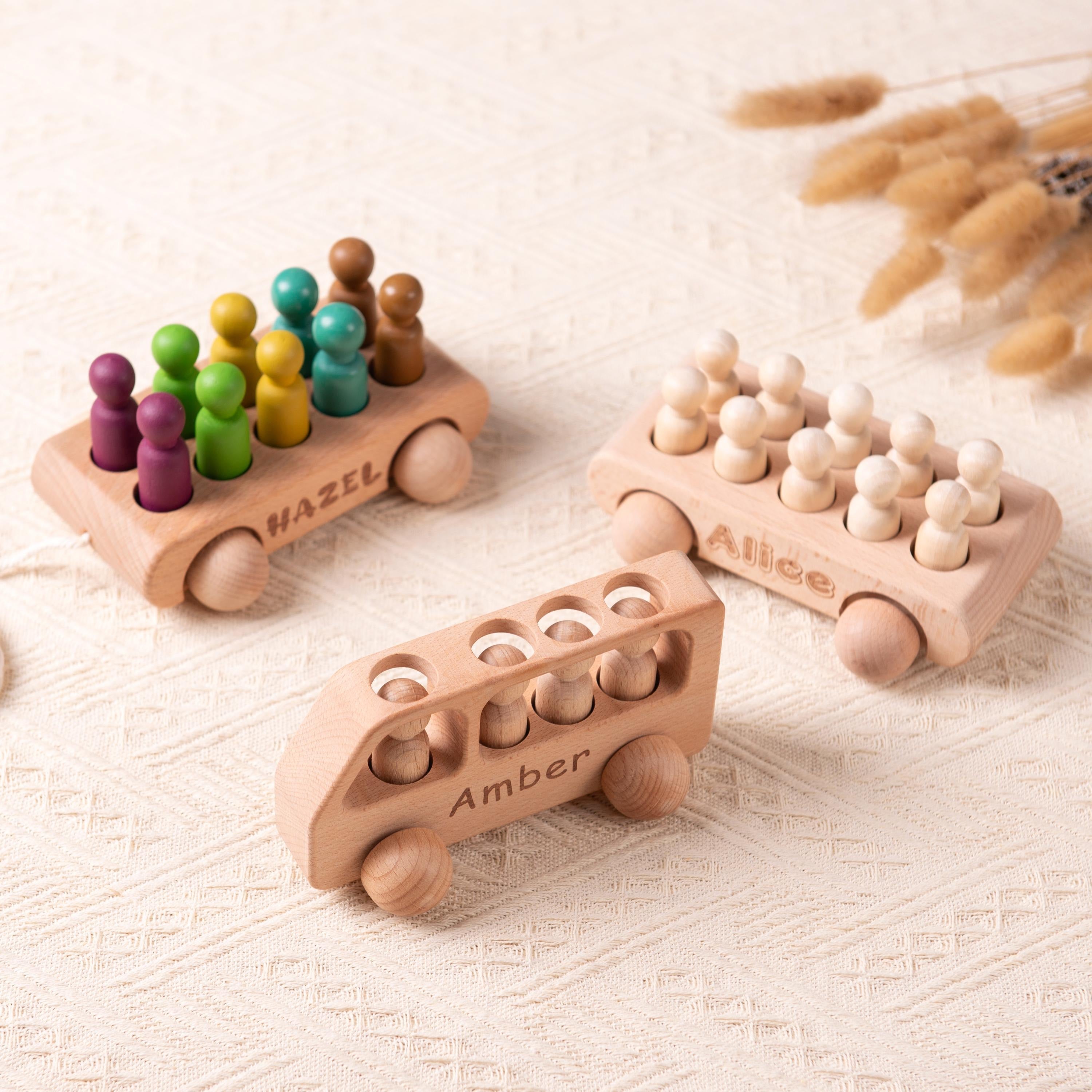 Personalized Birthday Gift for Kids, Custom Wooden Toys for Baby Boys, Wooden Bus with Peg Dolls, Baby Shower Gift, Christmas Gifts for Kids
