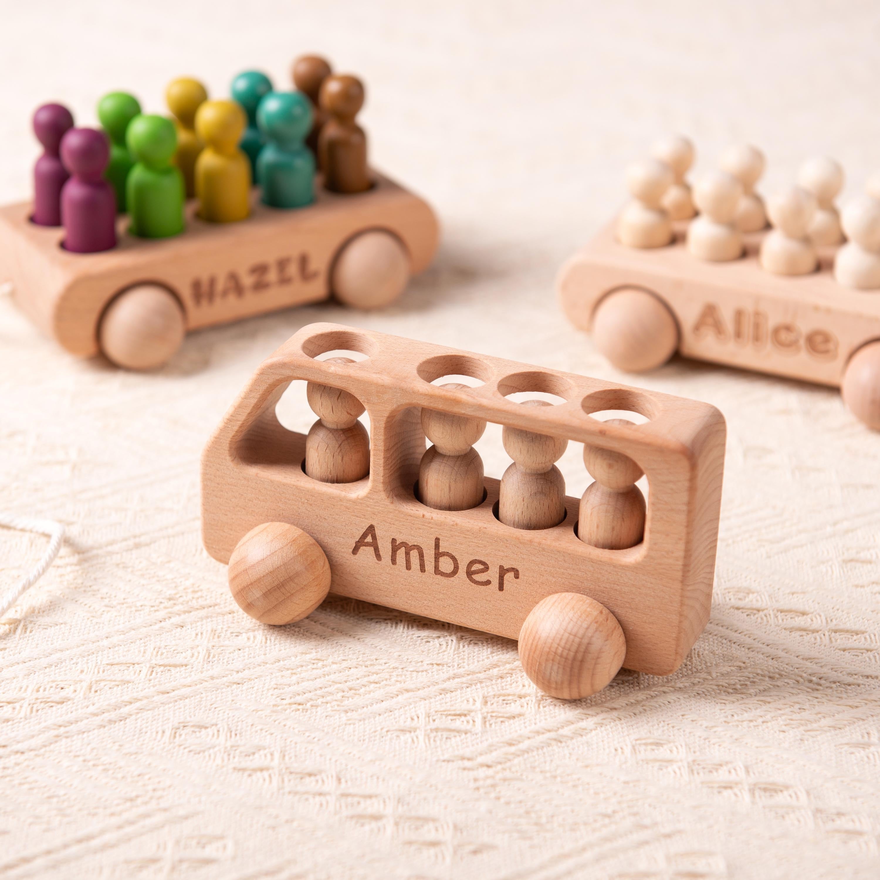 Personalized Birthday Gift for Kids, Custom Wooden Toys for Baby Boys, Wooden Bus with Peg Dolls, Baby Shower Gift, Christmas Gifts for Kids
