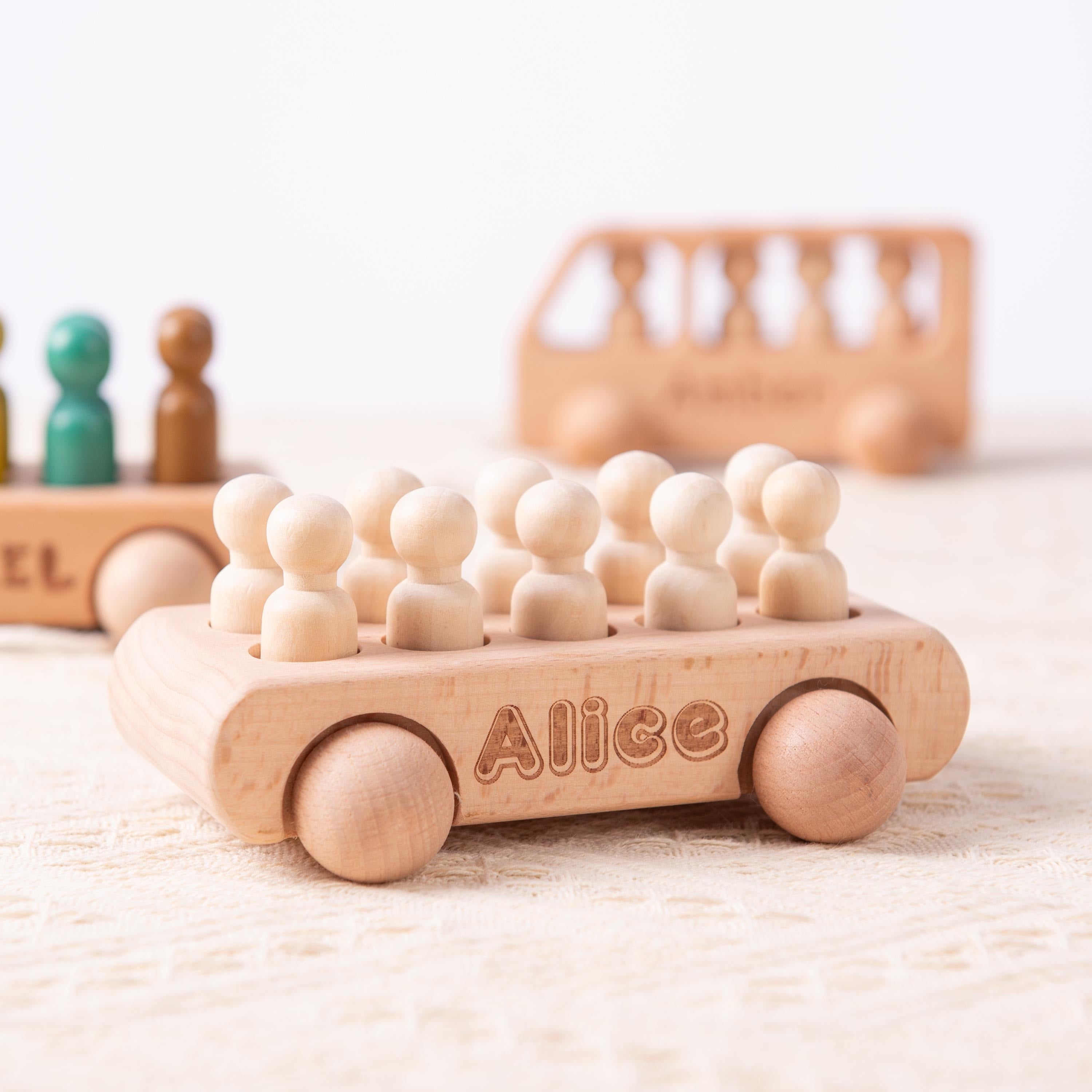 Personalized Birthday Gift for Kids, Custom Wooden Toys for Baby Boys, Wooden Bus with Peg Dolls, Baby Shower Gift, Christmas Gifts for Kids