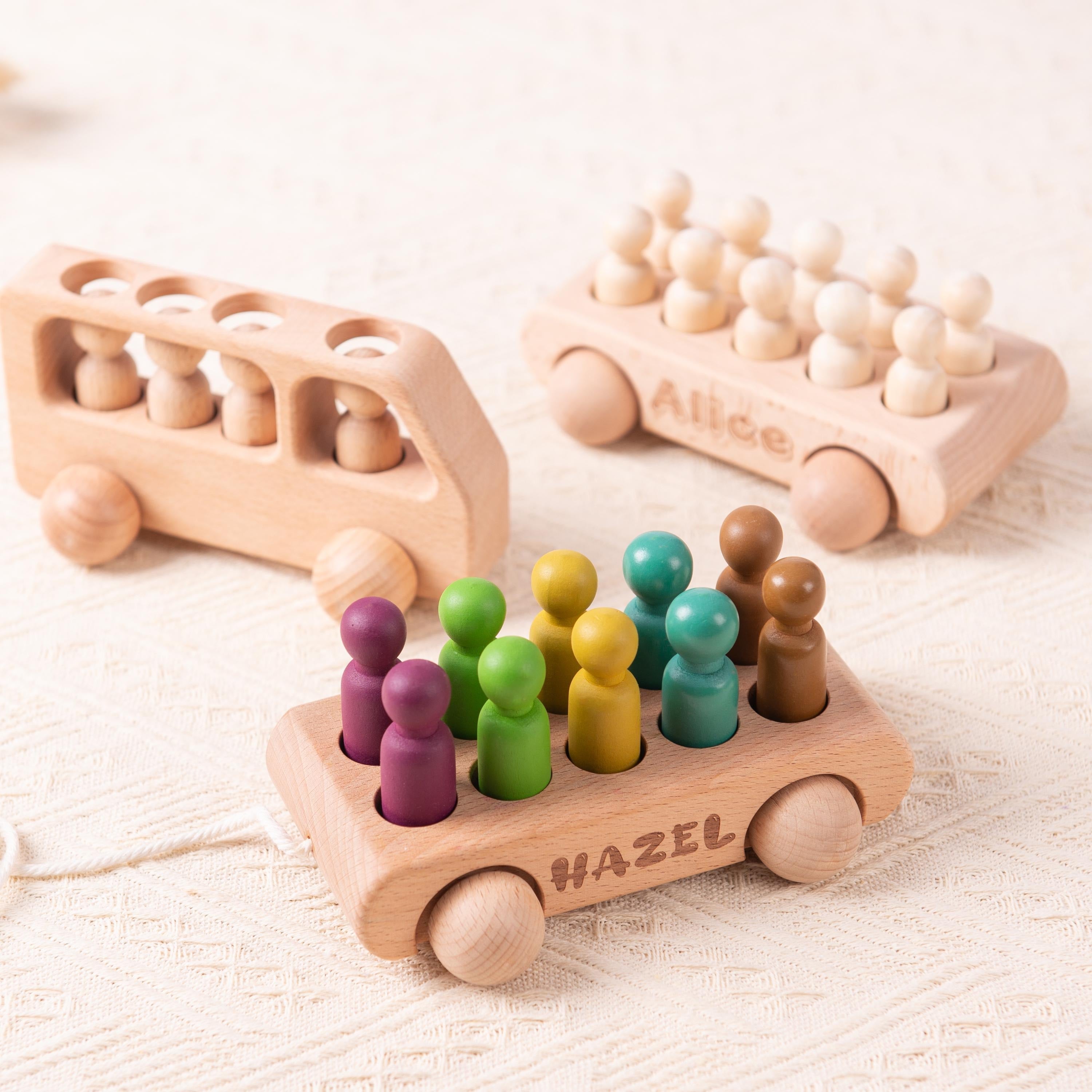 Personalized Birthday Gift for Kids, Custom Wooden Toys for Baby Boys, Wooden Bus with Peg Dolls, Baby Shower Gift, Christmas Gifts for Kids
