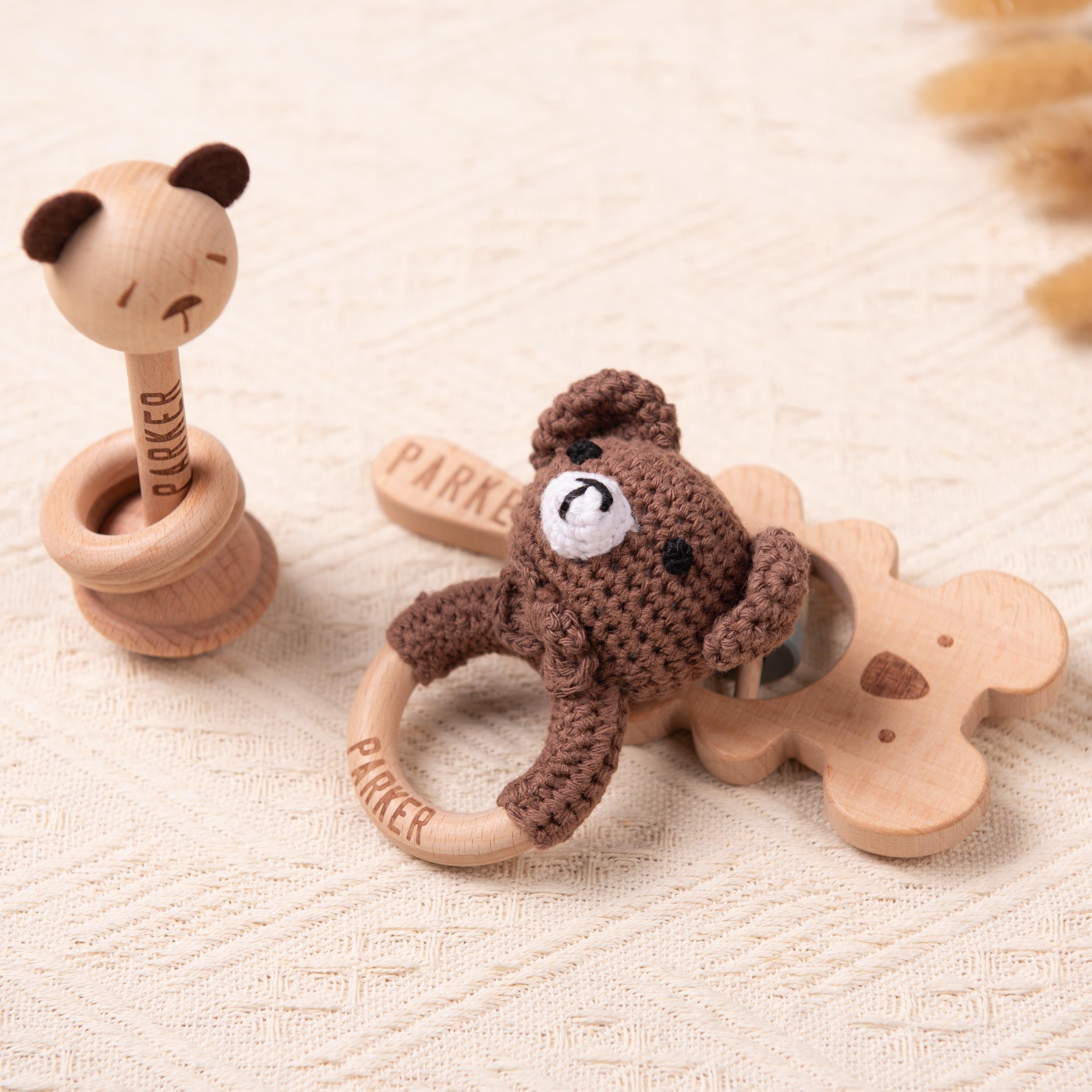Personalized Baby Gift Set, Custom Crochet Baby Rattle with Name, Wooden Toys for Babies, Baby Shower Gifts, Newborn Gifts, Christmas Gift