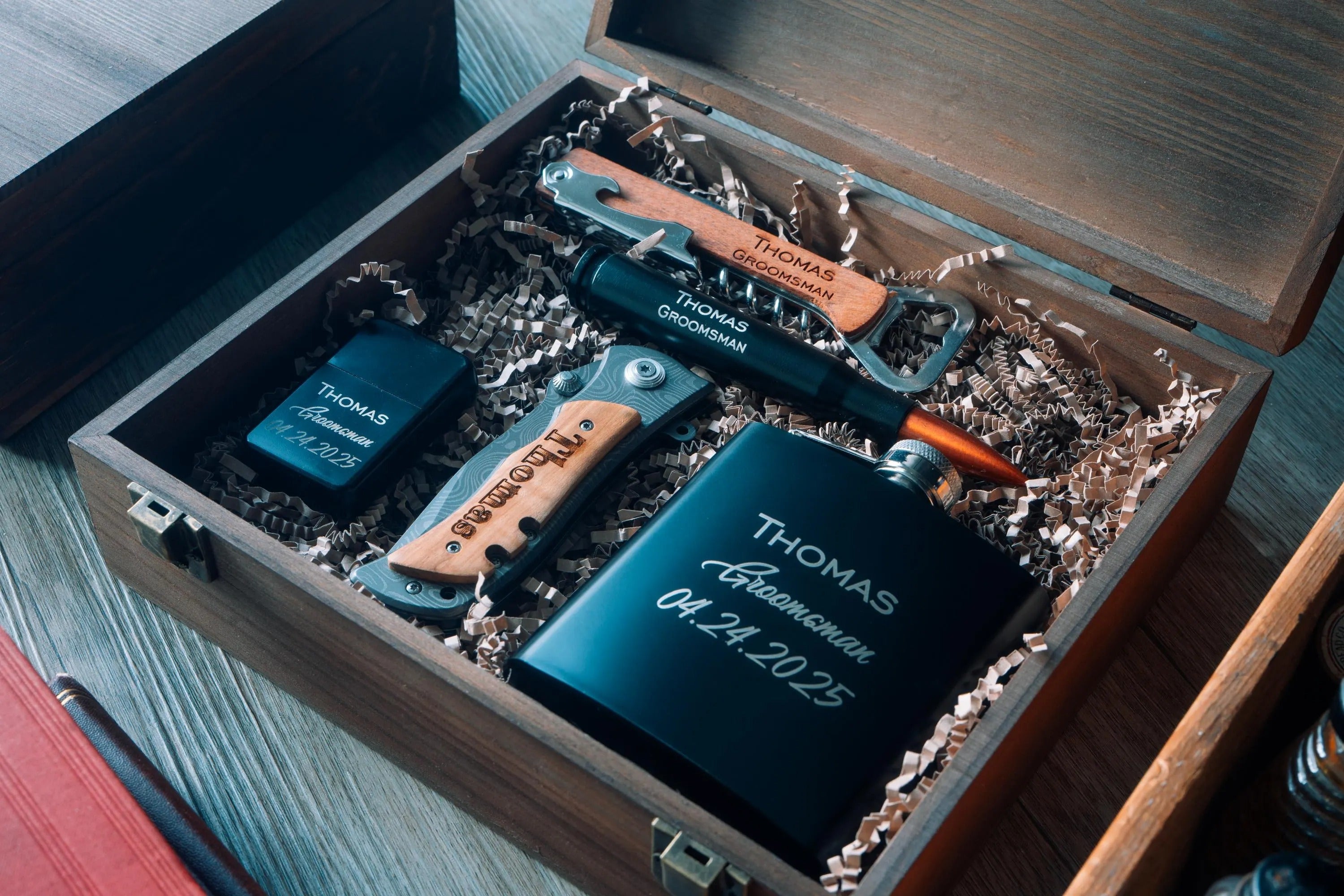 Personalized Groomsmen Gift Box: Engraved Flask, Knife & More
