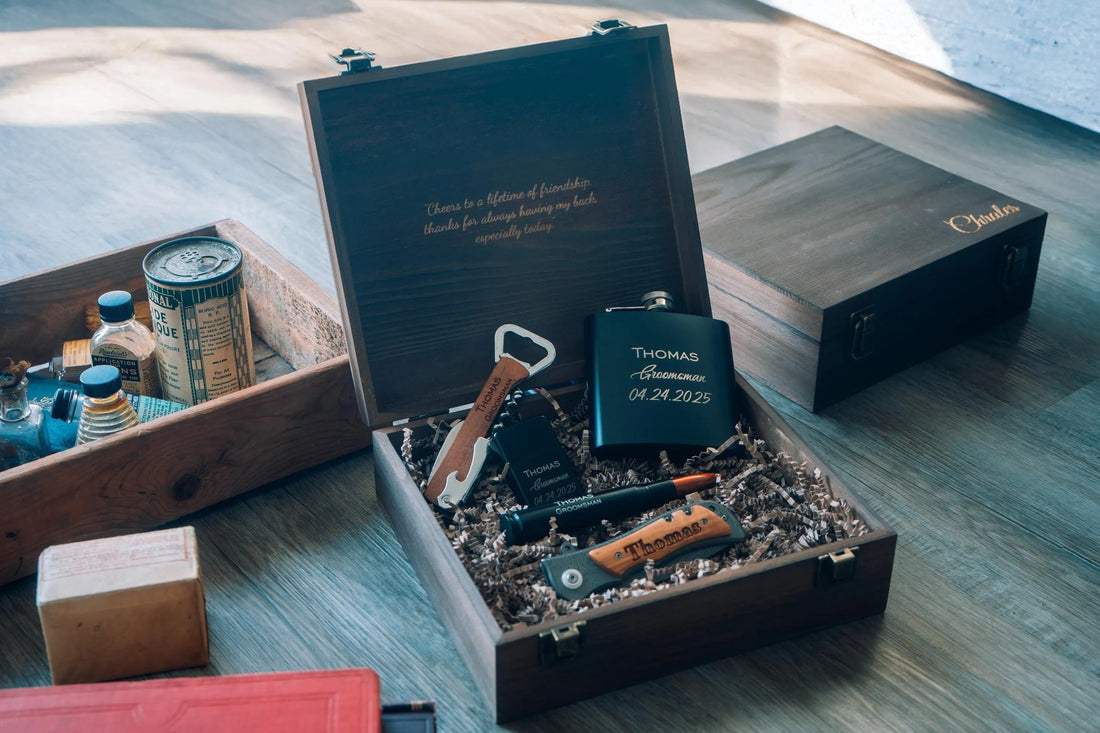 Personalized Groomsmen Gift Box: Engraved Flask, Knife & More