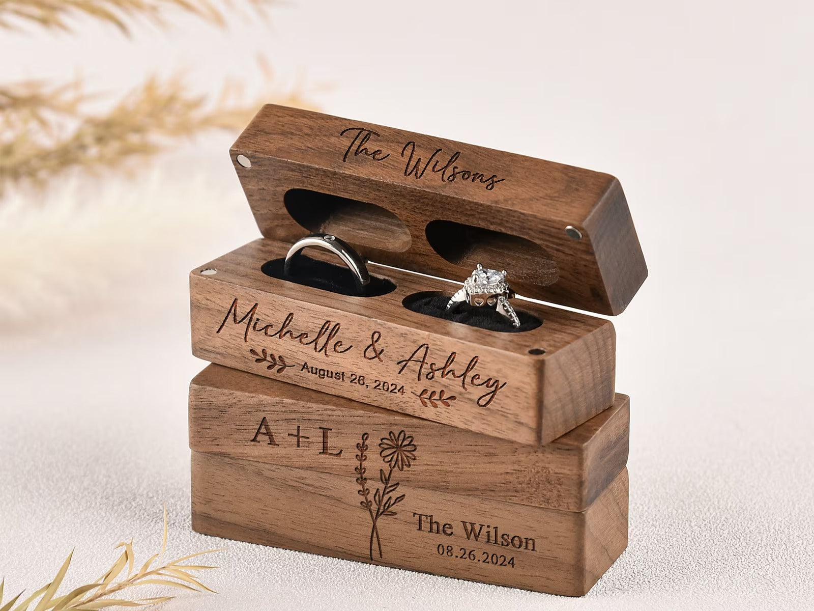 Custom Wooden Wedding Ceremony Ring Box,Personalized Engraved Engagement Ring Box,Slim Ring Bearer Box,Anniversary,Proposal Ring Box Holder