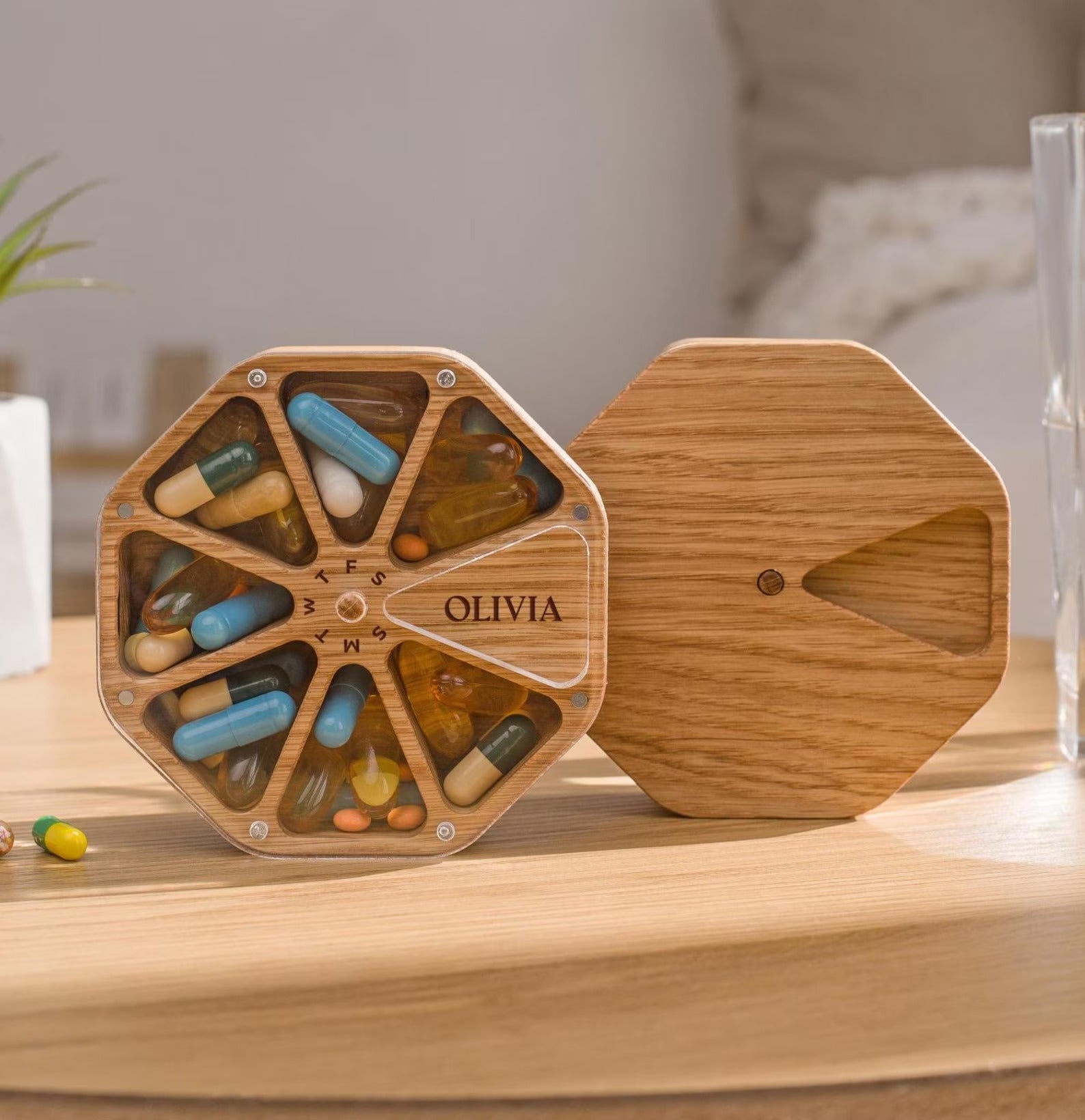 Wooden Daily Pill Box 7-Day, Pill Organizer, Weekly Pill Case,  Engraved Pill Container Storage
