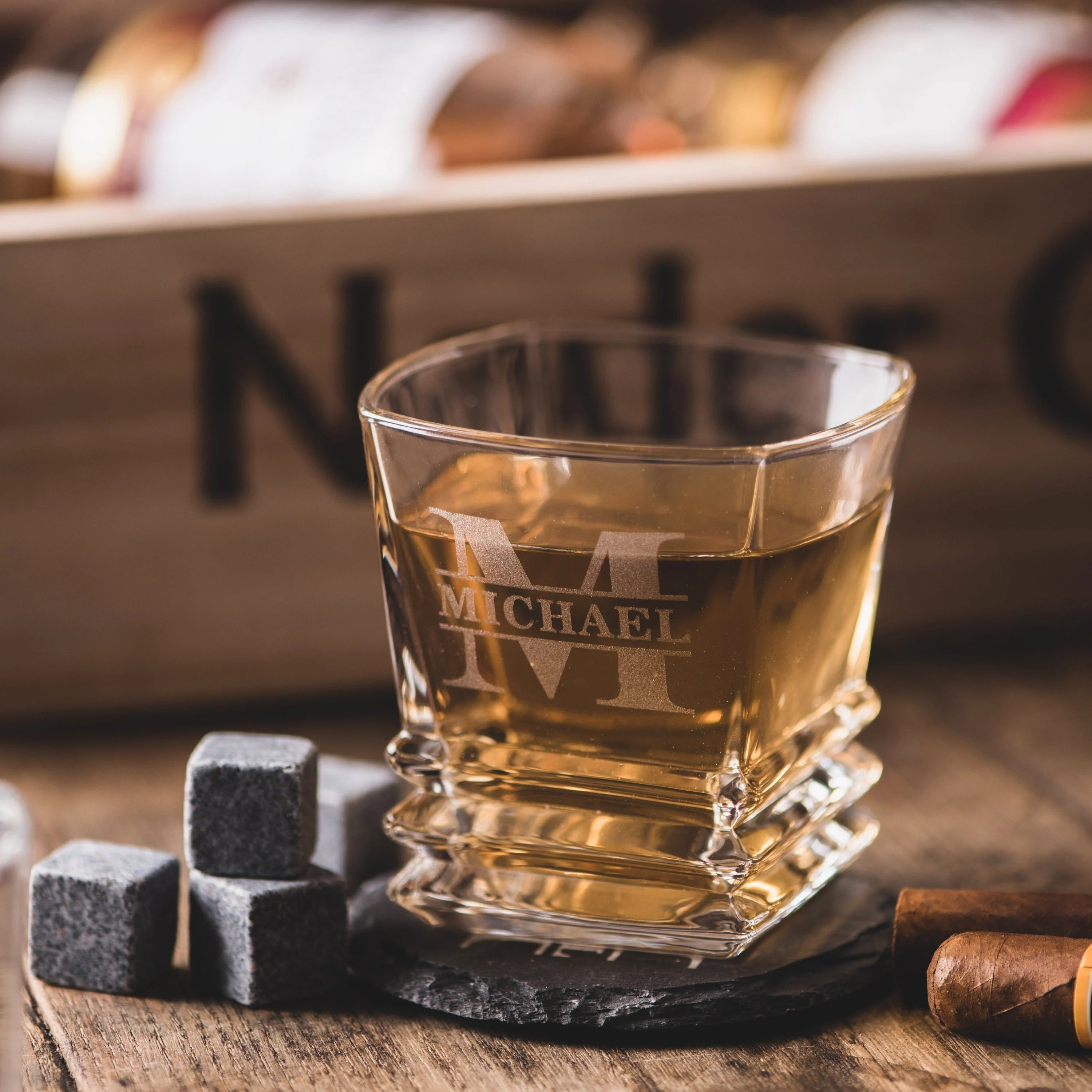 Personalized Whiskey Glasses in Wooden Box, Groomsmen Gifts, Best Man Gift, Father of The Groom Gift, Father of The Bride Gift, Husband Gift