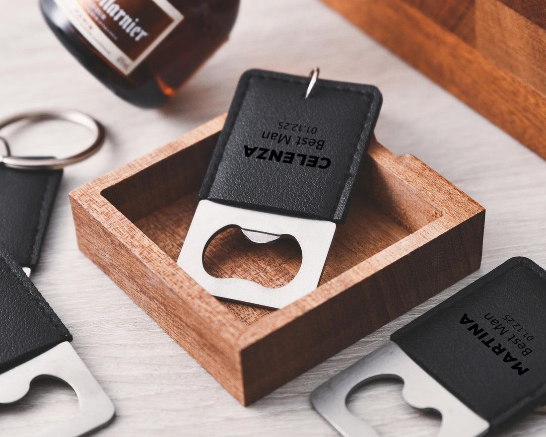 Personalized leather keychain bottle opener, customizable groomsmen gift, party favors, high quality leather wine opener best man gifts
