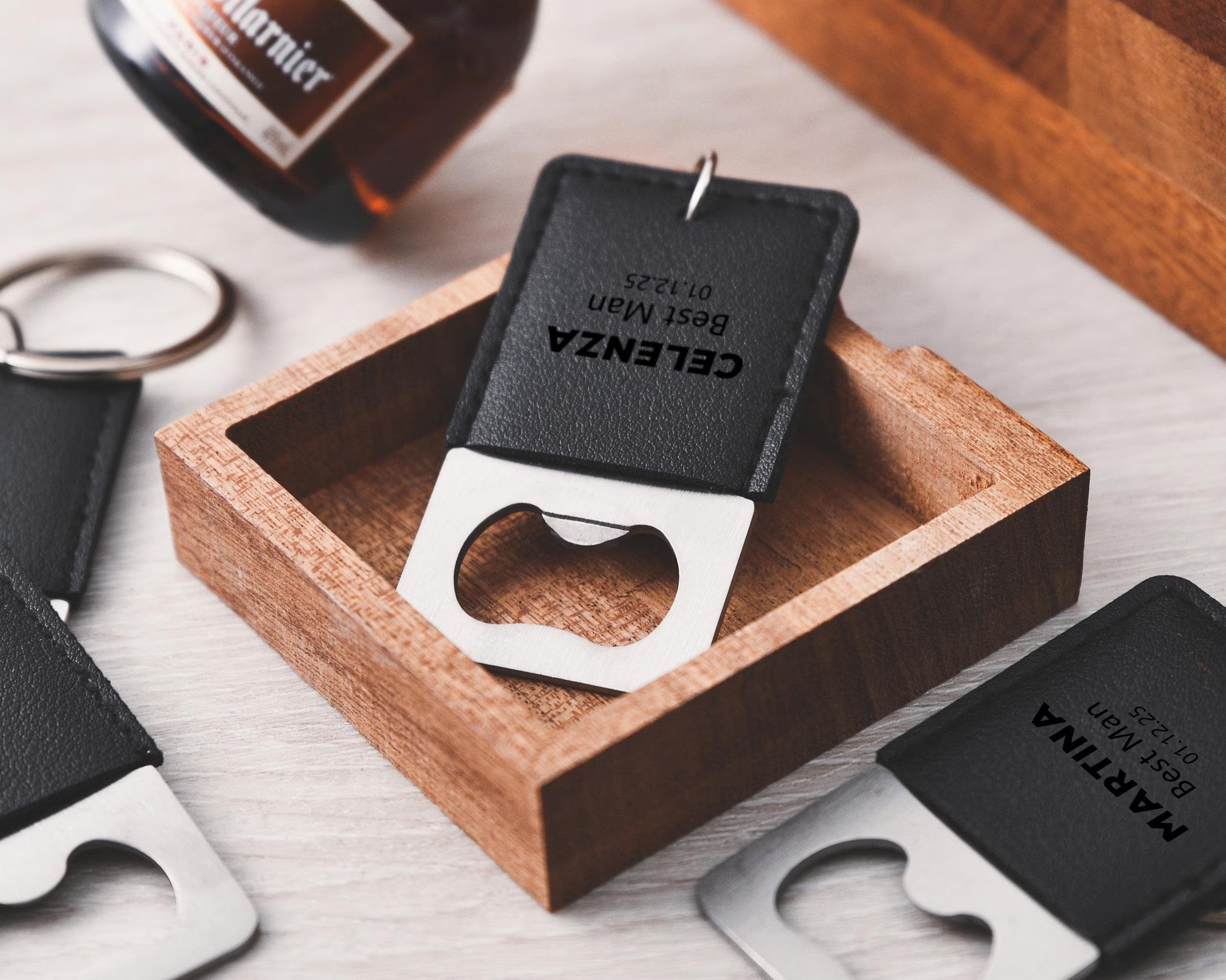 Personalized leather keychain bottle opener, customizable groomsmen gift, party favors, high quality leather wine opener best man gifts