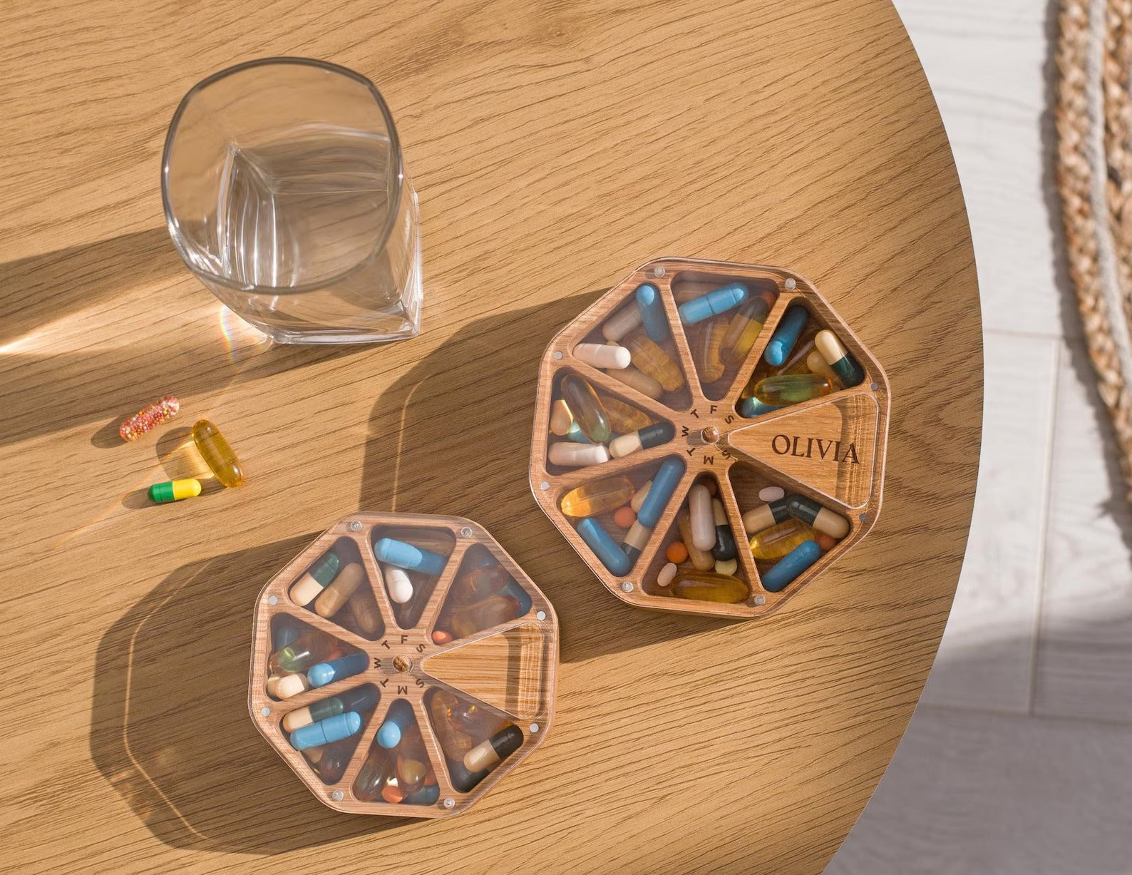 Wooden Daily Pill Box 7-Day, Pill Organizer, Weekly Pill Case,  Engraved Pill Container Storage