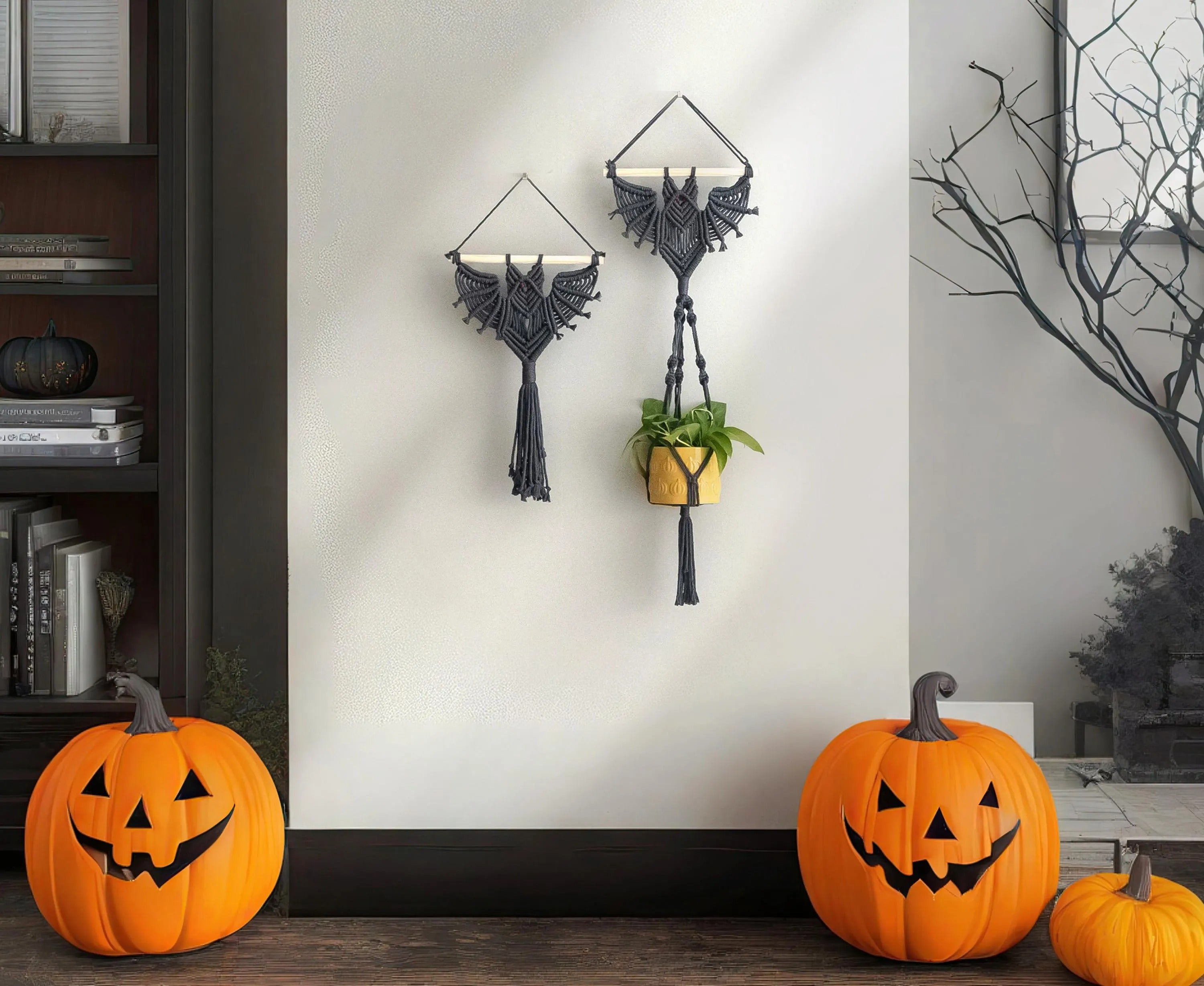 Gothic Bat Decor, Hanging Macrame, Witchy Room Decor, Modern Halloween, Dark Wall Art, Hanging Plant Holder, Bat Decorations W52