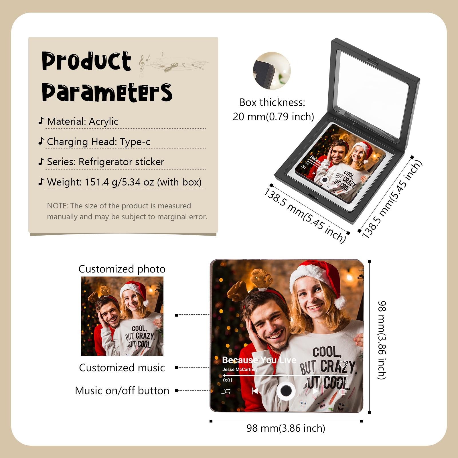 Custom Music Fridge Magnet, Personalized Photo & Music Fridge Magnet, Play Whole Song Music Box, Voicemail Keepsake Anniversary Gift for Him