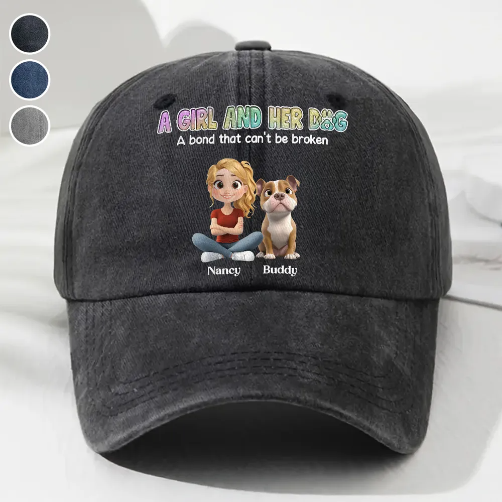 A Girl And Her Dog - Personalized Custom Vintage Washed Denim Cap