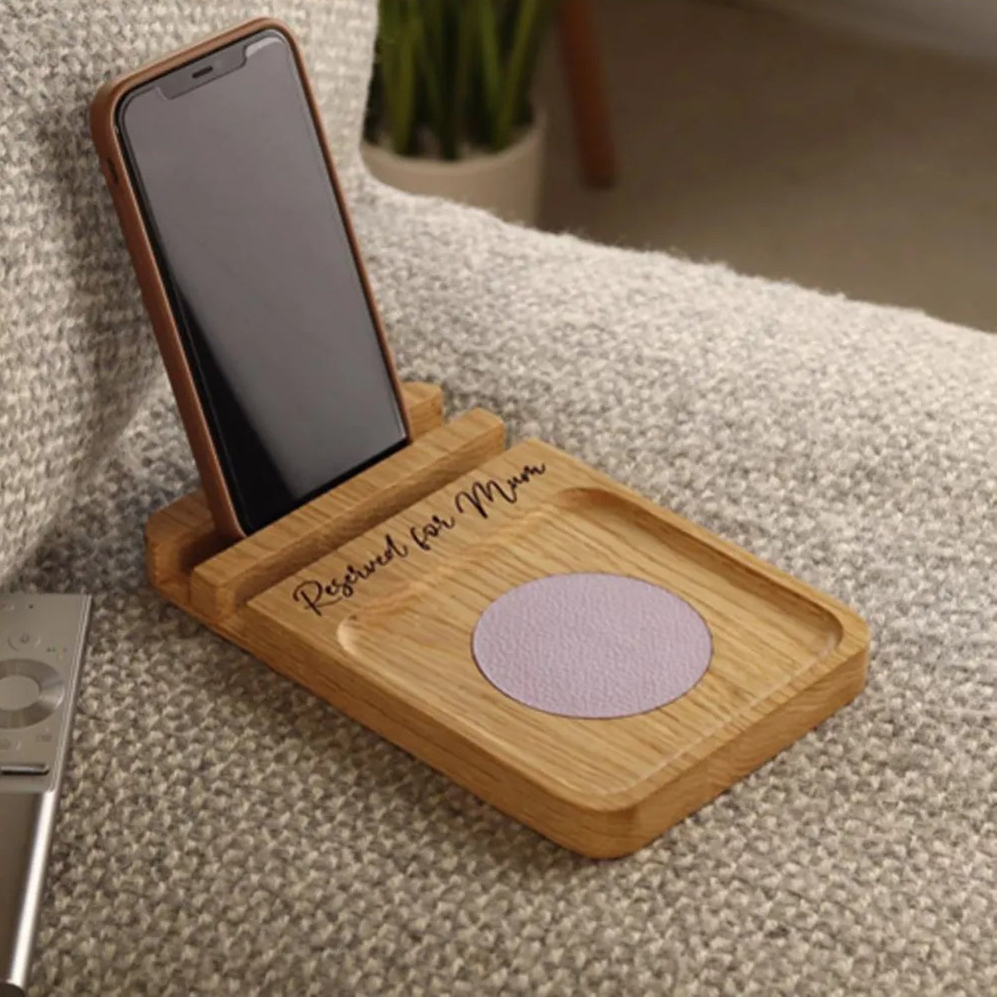Sofa Coaster Tray and Phone Stand in Solid Oak