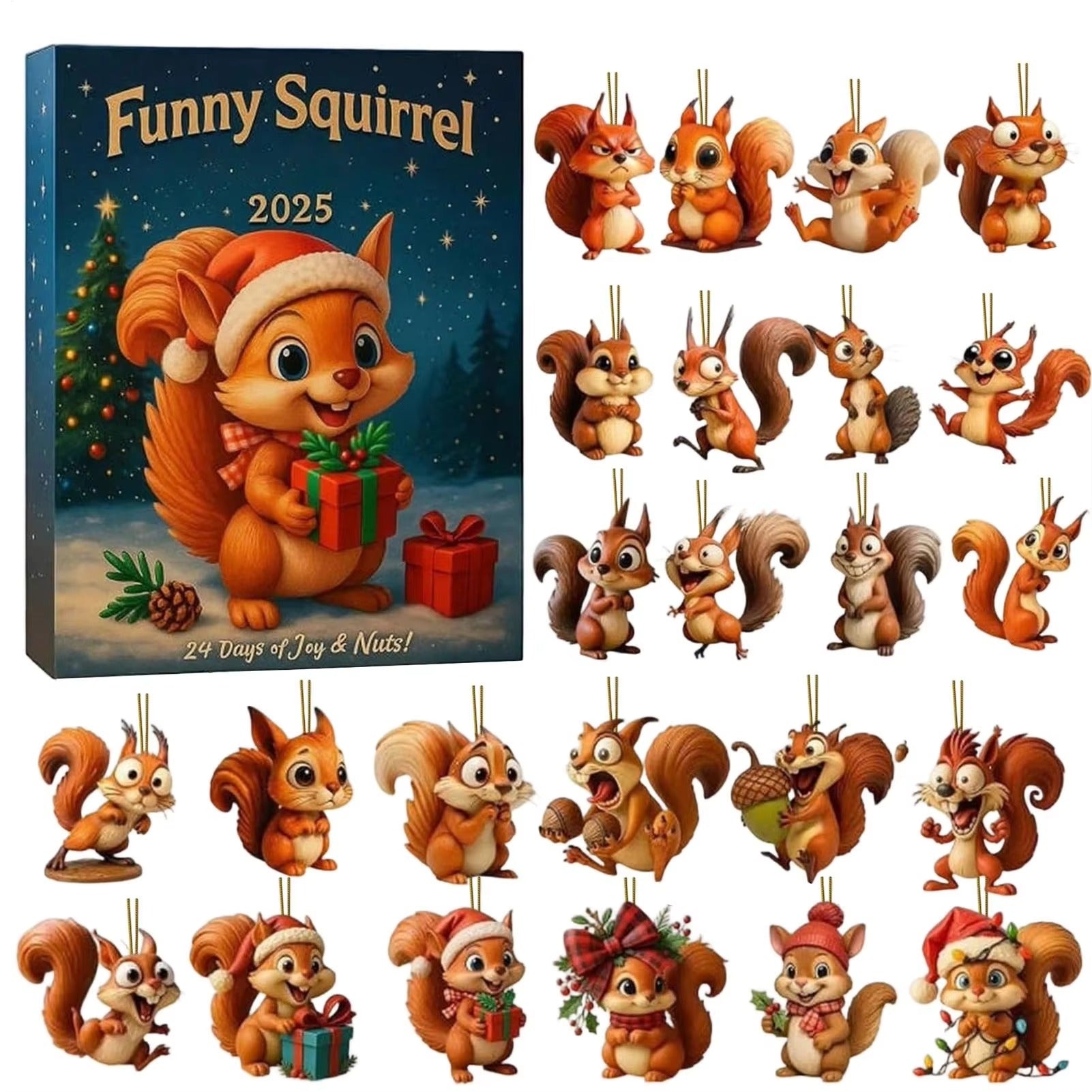 Christmas Squirrel Advent Calendar 2025 Squirrel Themed Countdown Calendar 24pcs Christmas Tree 2D Flat Acrylic Squirrel pendant