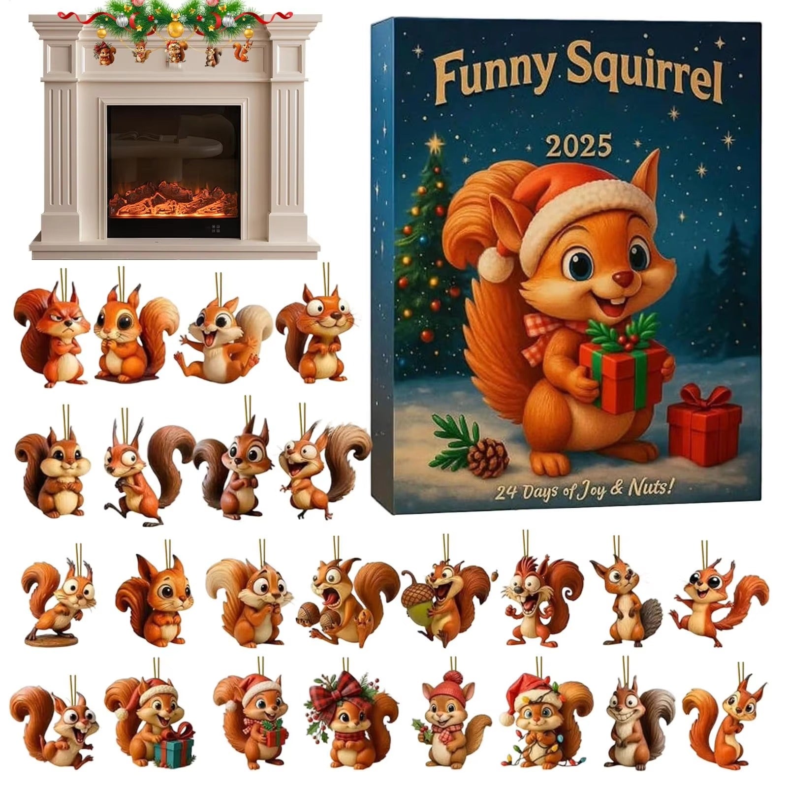 Christmas Squirrel Advent Calendar 2025 Squirrel Themed Countdown Calendar 24pcs Christmas Tree 2D Flat Acrylic Squirrel pendant