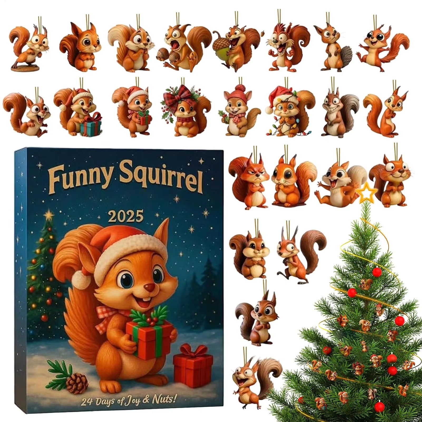Christmas Squirrel Advent Calendar 2025 Squirrel Themed Countdown Calendar 24pcs Christmas Tree 2D Flat Acrylic Squirrel pendant