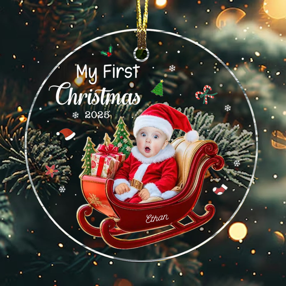 Personalized Baby 1st Christmas Custom Photo Adorable Little Santa Acrylic Circle Ornament