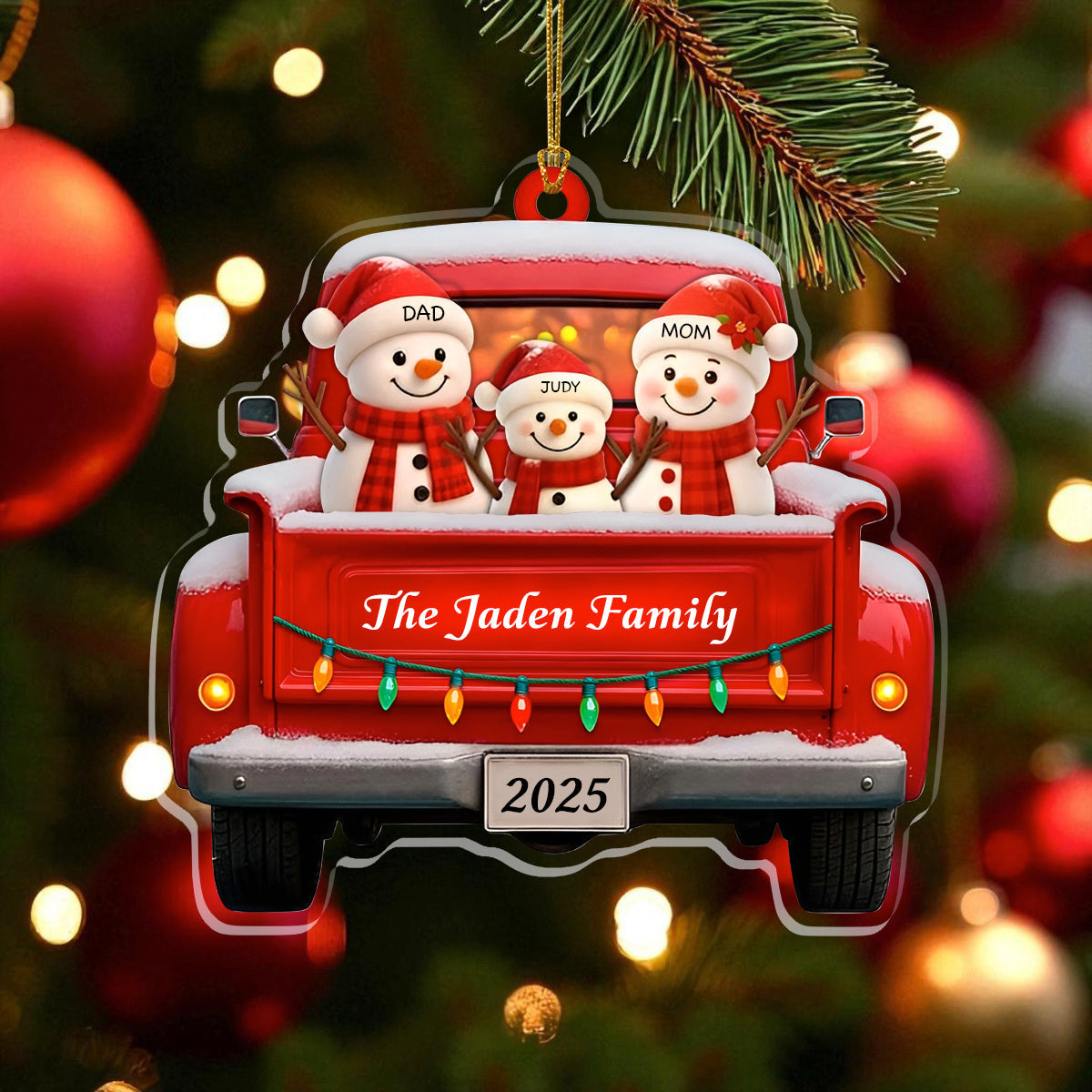 Personalized Snowman Family Christmas Ornament, Red Truck Christmas Ornament, Snowman Ornament, Custom Name Ornament, Baby First Christmas
