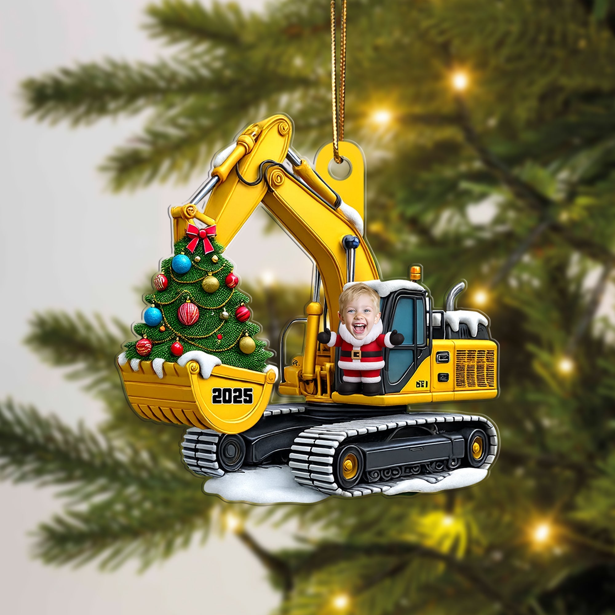 Personalized Xmas Excavator Construction Backhoe Kid Photo Ornament, 3D Effect Xmas Gift For Kids