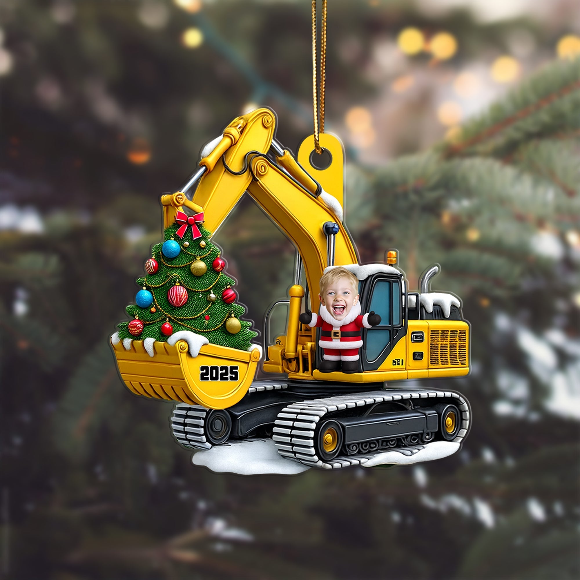 Personalized Xmas Excavator Construction Backhoe Kid Photo Ornament, 3D Effect Xmas Gift For Kids