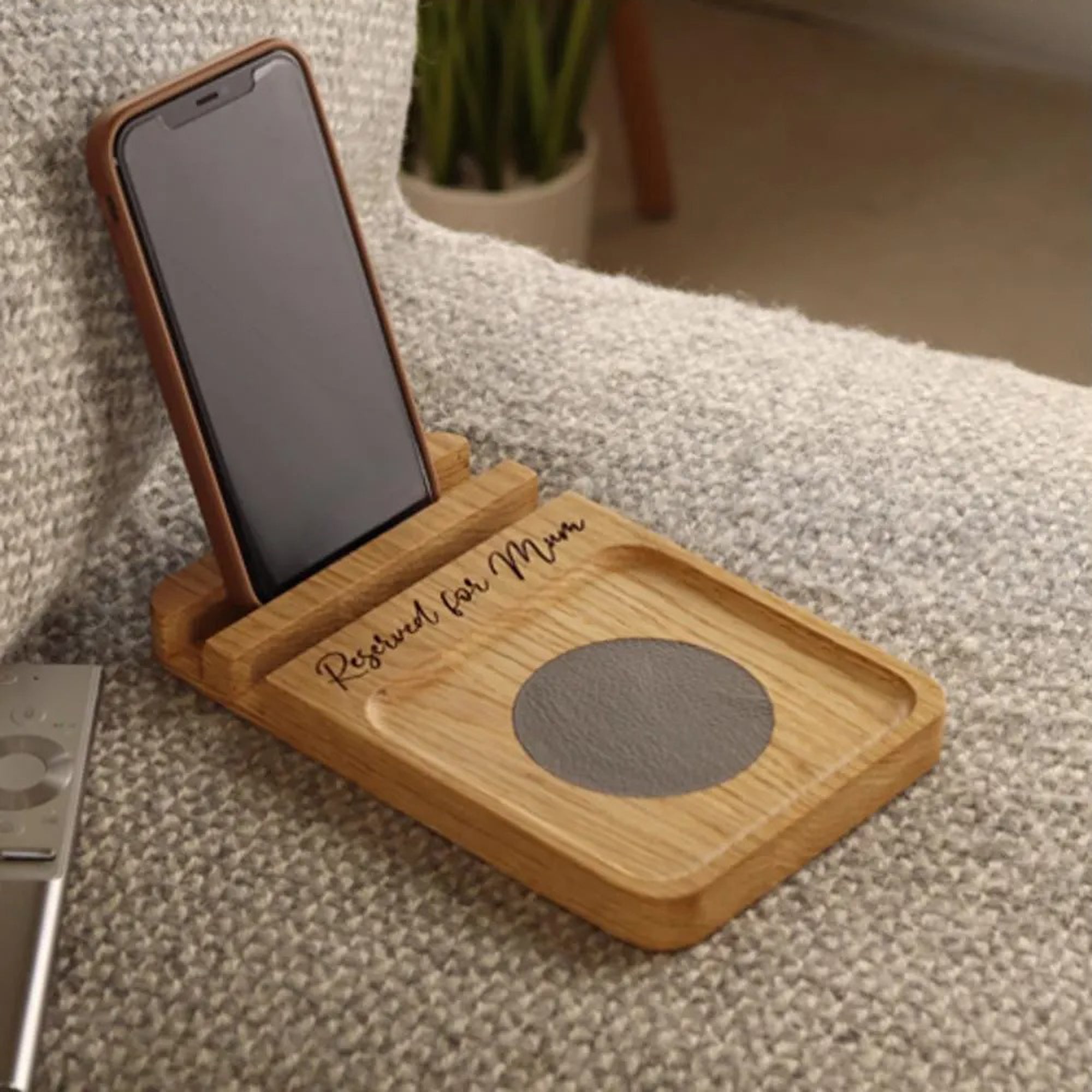 Sofa Coaster Tray and Phone Stand in Solid Oak