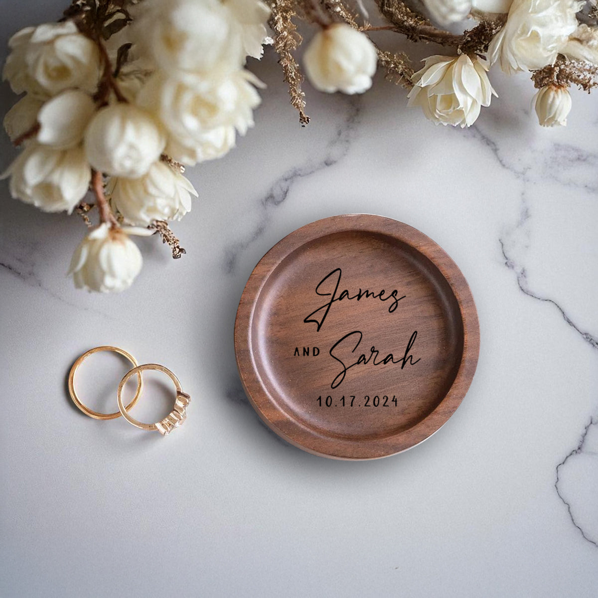 Custom Wood Ring Dish Engraved Name & Date Jewelry Dish for Engagement, Anniversary, Wedding Unique Couple Gift for Her or Him