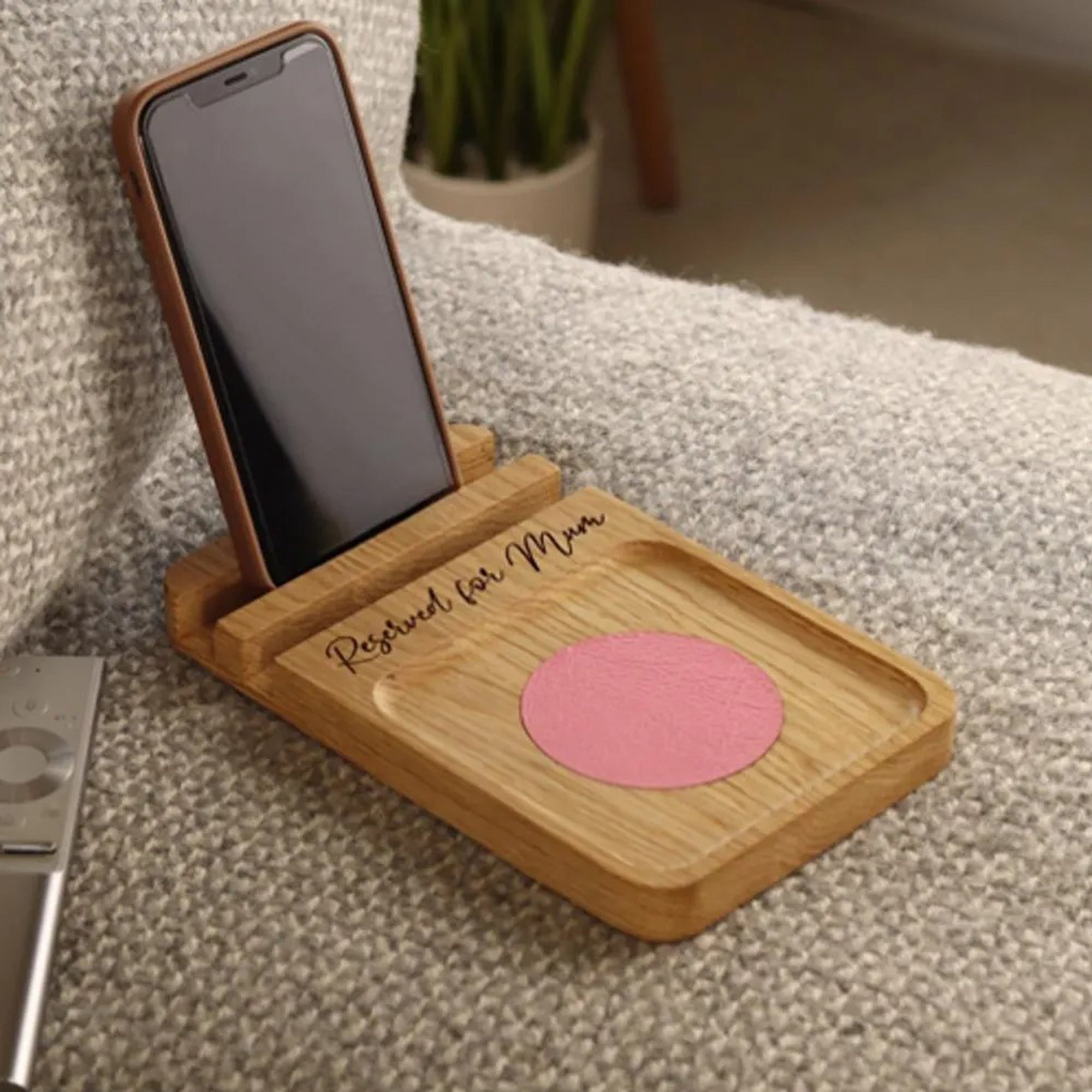 Sofa Coaster Tray and Phone Stand in Solid Oak