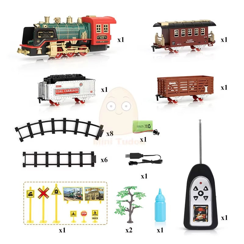 Remote Control Track Train Car Classical Simulation Water Steam Electric Railway Set Christmas Gift Educational Toy For Children